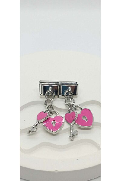 ndjewelry Pink Color Heart and Key Patterned Dangle Nomination Charm