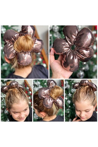 QUEEN AKSESUAR New Fashion Scrunchie Luxury Giant Fluffy Spongey Big Daisy Flower Rubbery Scrunchy Shiny Copper Coffee