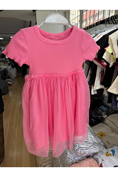 Pink Hippo Kids Καλοκαιρινό φόρεμα για κορίτσια με ραβδώσεις από βαμβακερό τούλι με λεπτομέρεια