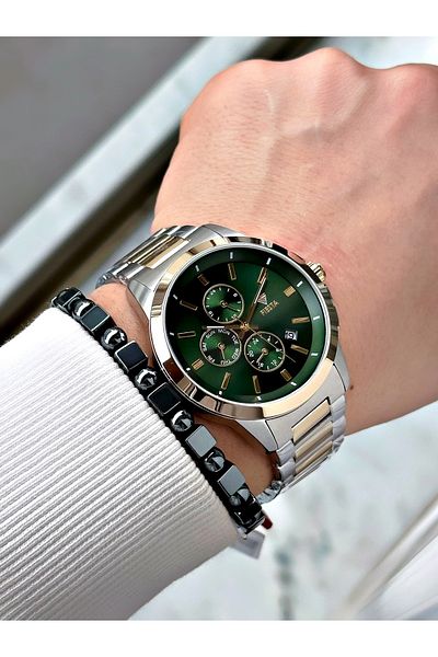 Fiesta Gold Silver Color Functions Active Elite Steel Men Wristwatch + Bracelet