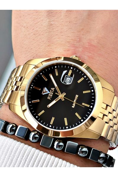 Fiesta Gold Color Classic Steel Guaranteed Elite Men's Wrist Watch + Bracelet