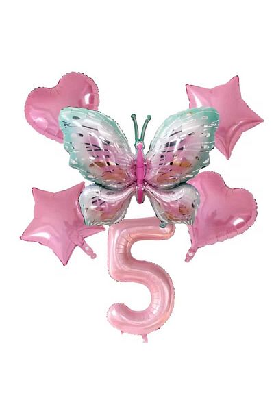 DÜVENCİ TİCARET Birthday Age Balloon Set with Butterfly Foil Balloons 6 Pcs