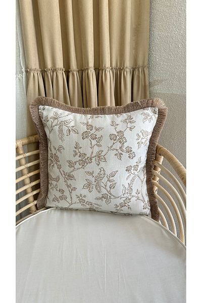 Decamor home Tasseled Bird Patterned Beige Throw Pillow Case Woven Fabric 1 Piece