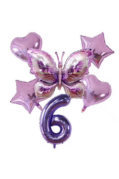 DÜVENCİ TİCARET Purple Color Large Size Butterfly Foil 6 Piece Birthday Age Balloon Set