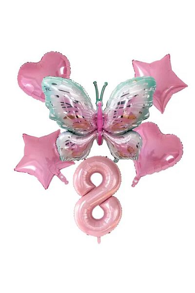 DÜVENCİ TİCARET Birthday Age Balloon Set with Butterfly Foil Balloons 6 Pcs