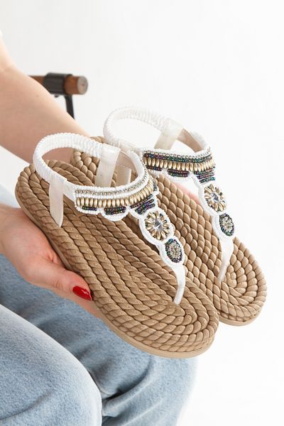 HAYAT SHOES Straw Flip Flops Hand Knitted Stitched Stone Barley White Daily Comfortable Stylish Women's Sandals