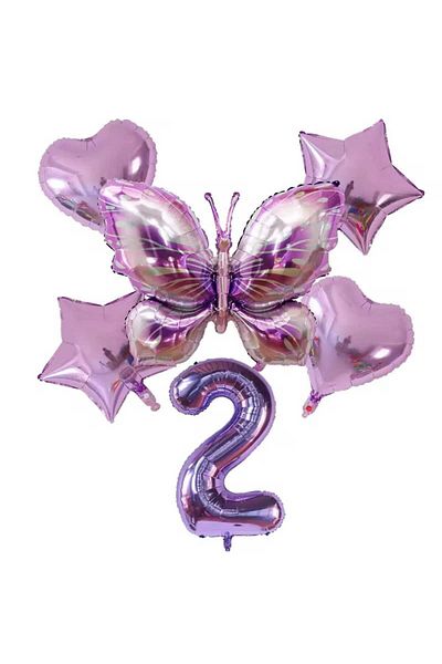 DÜVENCİ TİCARET Purple Color Large Size Butterfly Foil 6 Piece Birthday Age Balloon Set