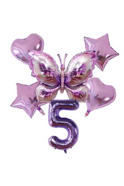 DÜVENCİ TİCARET MOR RENK BÜYÜK BOY KELEBEK FOLYO 6 LI DOĞUM GÜNÜ YAŞ BALON SET