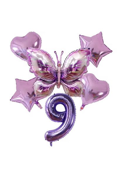 DÜVENCİ TİCARET Purple Color Large Size Butterfly Foil 6 Piece Birthday Age Balloon Set