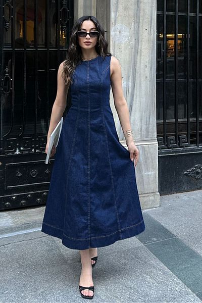 AYASOFYA OTANTIK Rochie de damă, albastru bleumarin, cu decolteu, fără mâneci, din denim premium, lungă, din denim