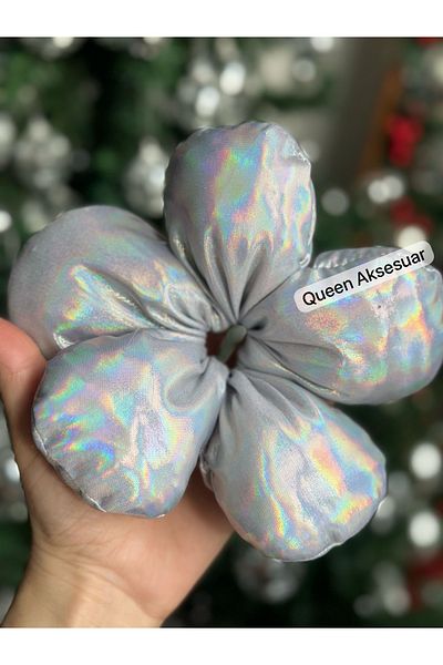 QUEEN AKSESUAR New Fashion Scrunchie Luxury Fluffy Big Daisy Flower Elastic Shiny Hologram Scrunchy