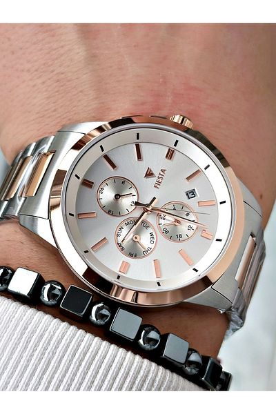 Fiesta Rose Silver Color Functions Active Elite Steel Men Wristwatch + Bracelet