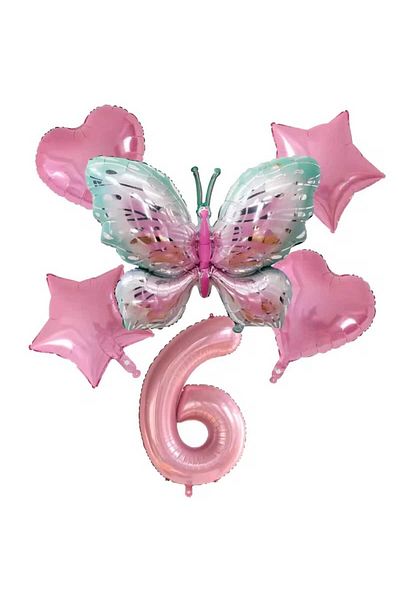 DÜVENCİ TİCARET Birthday Age Balloon Set with Butterfly Foil Balloons 6 Pcs