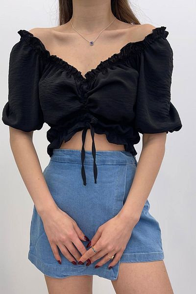 Nazline Bluză țesătă cu guler Madonna pentru femei, cu talie și mâneci elastice în față