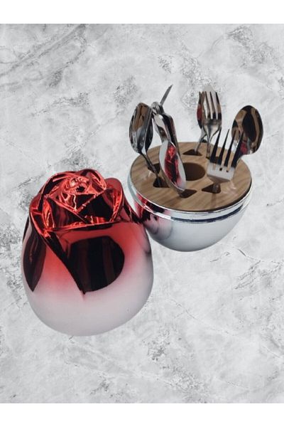 Lotus rose Luxury 12-piece flatware set, 4 teaspoons, 4 dessert forks, 4 dessert knives, egg-shaped tray