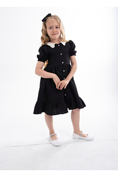 Genel Markalar Wednesday Hazır Yaka Vintage Çocuk Elbise-Kısa Kol-Siyah