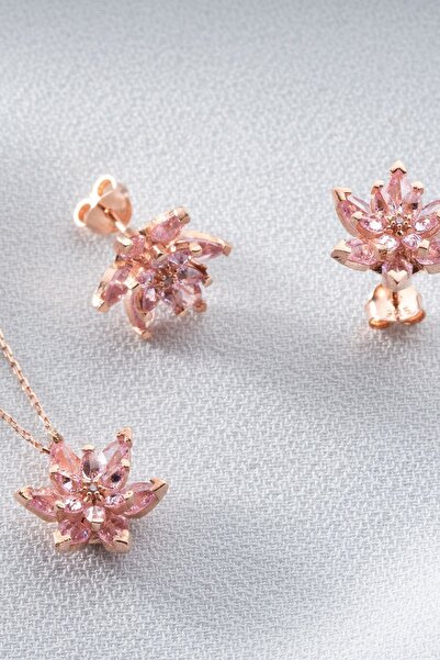 Silvano Jewelry 925 Ayar Gümüş Pembe Lotus Çiçeği Kolye Küpe Seti