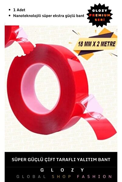 GLOZY Premium Seri Ultra Güçlü Cam Metal Yüzeyler İçin 2 Mt Çift Taraflı Şeff...