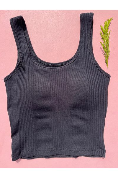 LEYNA BUTİK Women's Black Half Tank Crop Top - Padded Line Report Cotton Combed Camisole with Thick Straps