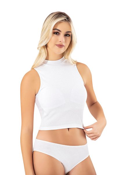 LEYNA BUTİK Women's Ribbed Ribbed Fabric Turtleneck Zero Sleeve Fixed Pad White Crop Tank Top