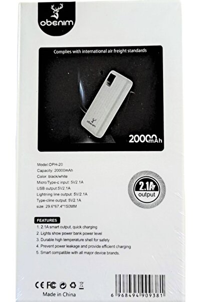 obenim Powerbank OPH-20PD Entegre Lightning ve Type-C Kablolu 20.000mAh Hızlı Şarj