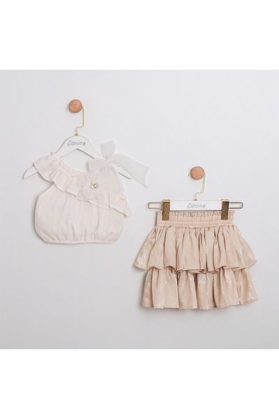 ministok Crema Ruffled Shoulder Double Girl's Suit