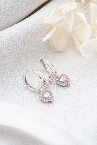 Silvano Jewelry 925 Ayar Gümüş Çift Taşlı Pembe Kalp Küpe