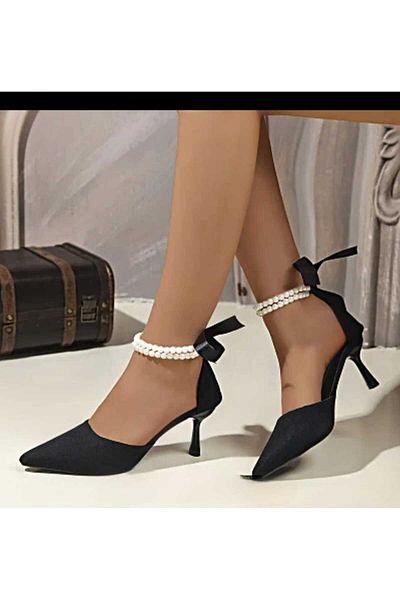 Modavien Women's 7 cm Black Evening Shoes with Pearls