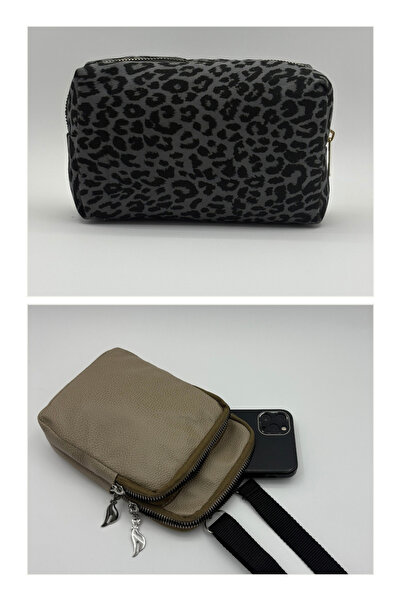 Bersia طقم نسائي مكون من قطعتين حقيبة هاتف وحقيبة مكياج طقم مكون من قطعتين أسود - مينك