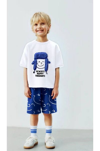 MİO Set de tricou cu slogan și pantaloni scurți bleumarin pentru băiat, din bumbac, alb, Always Happy Thoughts