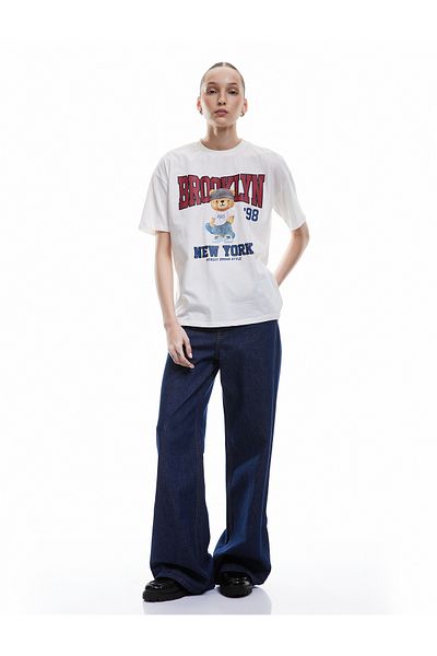 Koton Short Sleeve Crew Neck Cotton Teddy Bear Printed Oversize T-Shirt