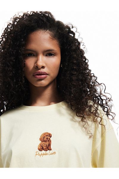 Koton Short Sleeve Crew Neck Dog Embroidered Cotton Oversize T-Shirt