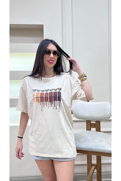 CLAYES Μπλουζάκι Leopard Print Hearts Single Jersey - Μπλουζάκι με κοντό μανίκι με λαιμόκοψη σε μπεζ στάμπα