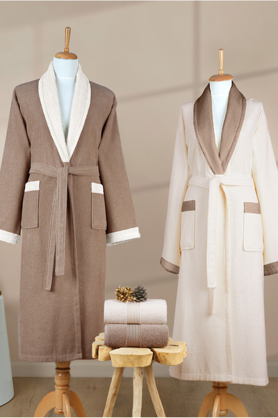 Ellaline Σετ μπουρνούζι με ρίγες 100% βαμβάκι με πιστοποίηση 4 τεμαχίων σετ οικογενειακού μπουρνούζι με αντίθεση Shawlaka |   Σετ προίκας