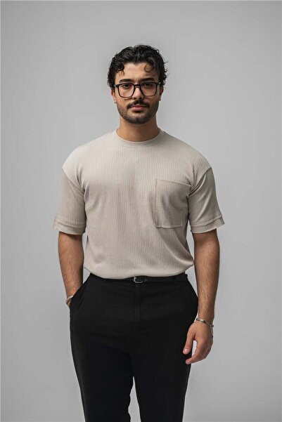 OUTFİT MAN Ανδρικό T-Shirt Basic Oversize με τσέπες, Κρεμ