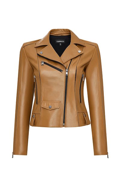 Derimod Bella Women's Camel Biker Short Leather Jacket 25Sgd5106U4
