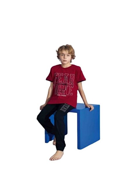 Tarık Boy's 100% Cotton Claret Red Fear None Printed Short Sleeve Pajama Set