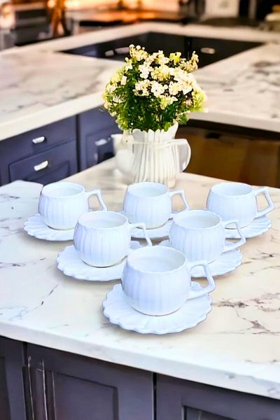 Woodcept 6 Personality Handmade Luxury Daisy Ceramic Coffee Cup Set 90 ml 12 Pieces