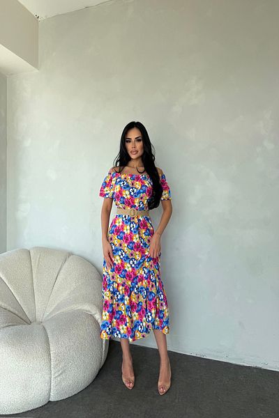 kamacibutik Madonna Collar Floral Patterned Summer Dress (Belt Is an Accessory)