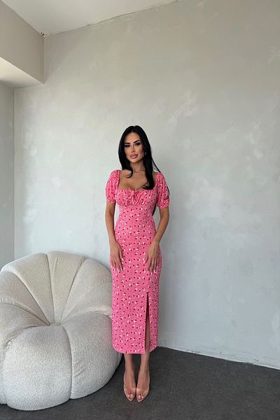 kamacibutik Square Neck Wrap Fabric Floral Patterned Dress with Chest Detail