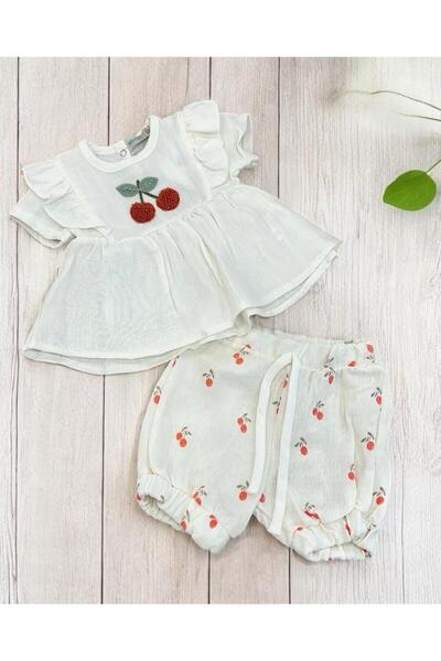 Nanon Baby Altıntaş Baby Ponpon Kirazlı Müslin Şortlu Takım
