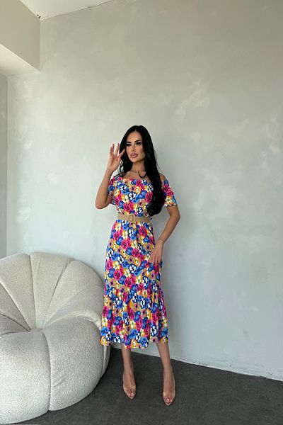 kamacibutik Madonna Collar Floral Patterned Summer Dress (Belt Is an Accessory)