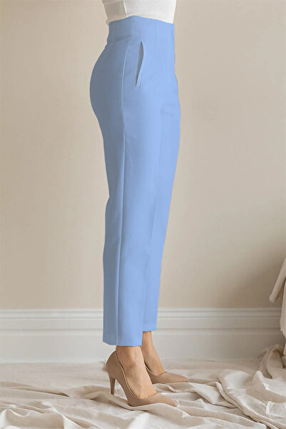 MODA High Waist Stitching Detailed Pencil piped Carrot Slim Leg Blue Fabric Pants