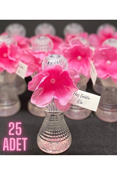 MayaArtDesign Pembe Çiçek Detaylı Mika Şişe 50cc Limon Kolonyası - Söz - Nişan - Bebek Hediyelik (25 ADET)