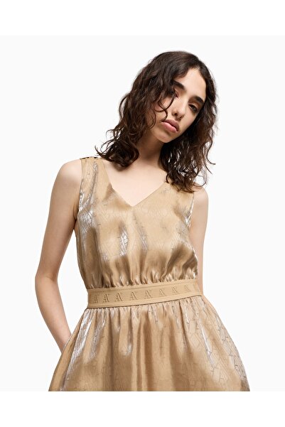Armani Exchange Kadın Lastikli Bel Bandı İki Yan Cep Saten Parlak Kumaş V yaka Gold Elbise XW000177 AF12055-F1018