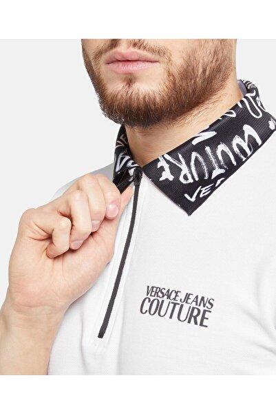 Versace Men's Polo Neck Short Sleeve Zipper Detailed White Polo Neck T-Shirt 78Gagt02Cj01T-003