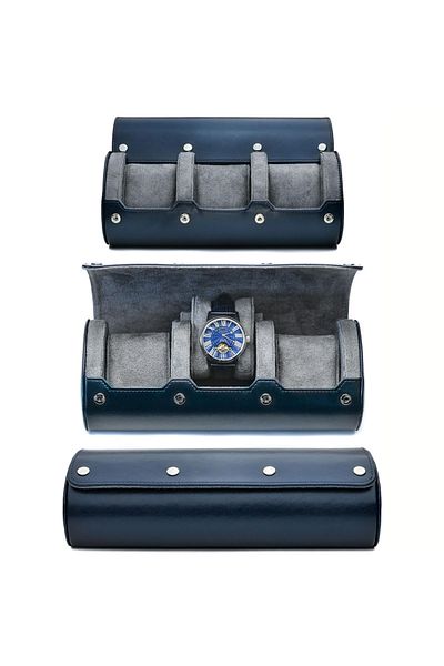 Choice 3 Slot Midnight Blue Watch Travel Case ,6 Slot Watch Roll Travel Case Organizer Display - PU Leather