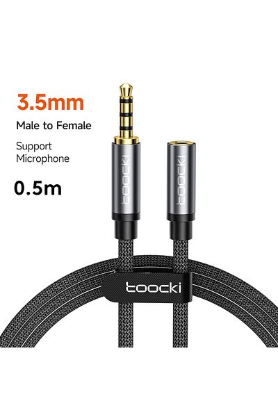 Choice كابل Toocki Aux رمادي اللون مكون من 4 أقسام بطول 0.5 متر، موصل ذكر إلى أنثى بمقبس 3.5 مم، سلك تمديد مكبر صوت ذكر مع