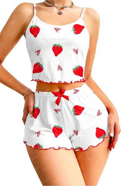 Sofya Passion Women's Shorts Set with Suspenders, Strawberry Print Nightwear Pajama Set