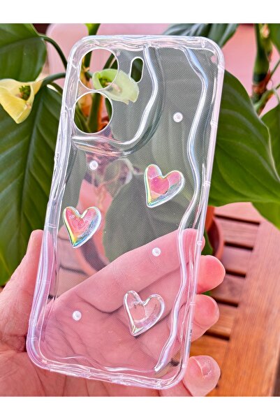 Fibaks Case for Xiaomi Redmi 13C 3D Heart Pearl Design Patterned Camera Protection Transparent Silicone Cover